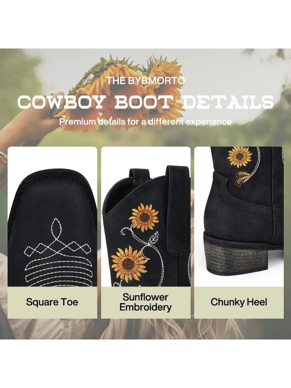 Women's Black Sunflower Mid Calf Embroidered Western Square Toe Cowboy Boot - Picture 4 of 6